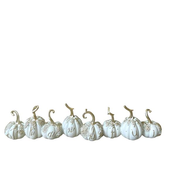 Give Thanks THANKFUL Pumpkins 17.5in Resin White & Gold Fall Designer Decor NEW - Picture 1 of 15